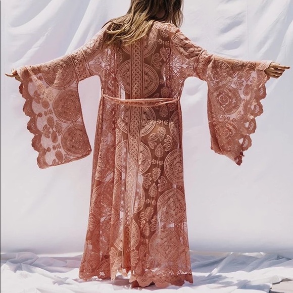 Peachy Cream Boho Scalloped Embroidered Malie Kimono Duster, Cotton Lace Robe - Picture 1 of 9